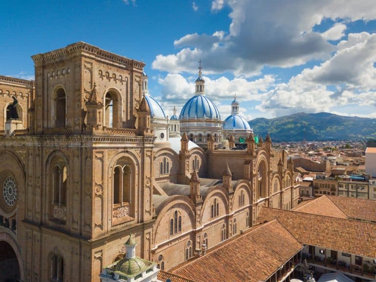 Skyline of Cuenca, Ecuador featuring the Immaculate church.