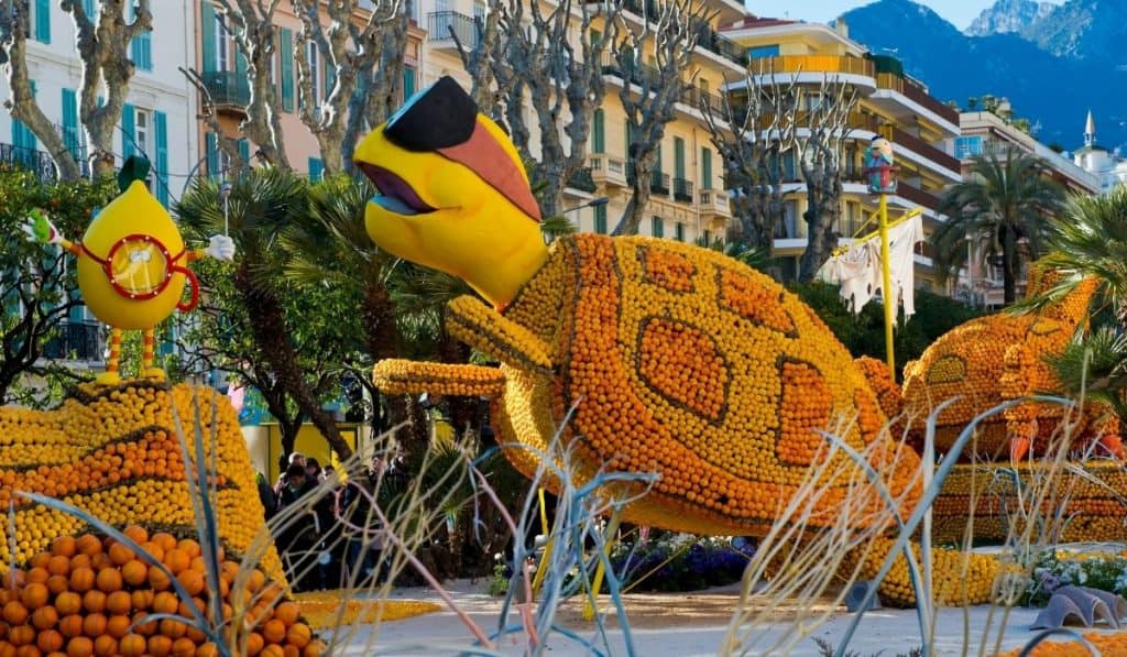 Large floats at the parade of the Lemon Festival in Menton, France.