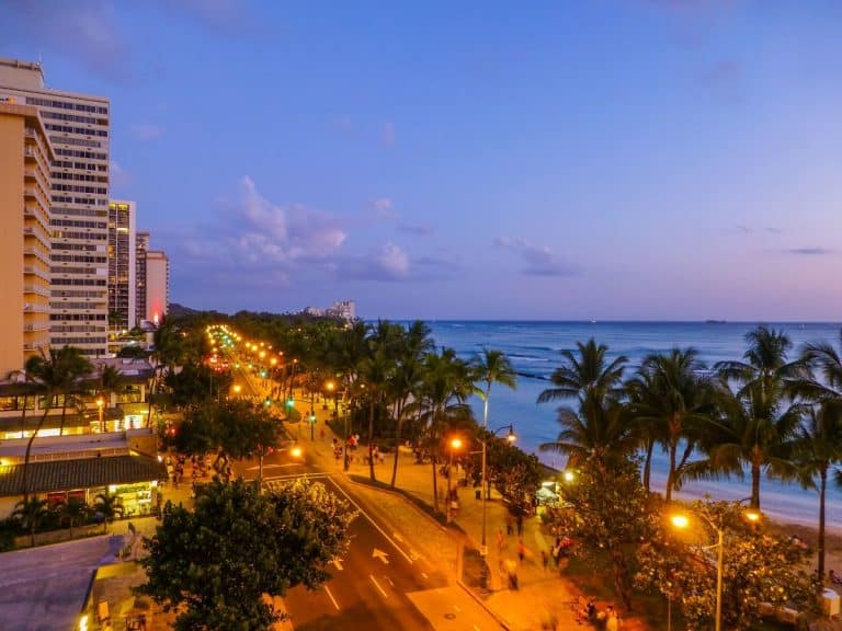 Night lights and sunset in Honolulu